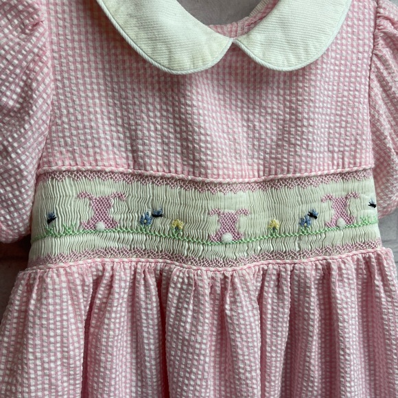 Luli & Me size 24 months vintage smocked seersucker dress spring Easter bunnies - Picture 2 of 6